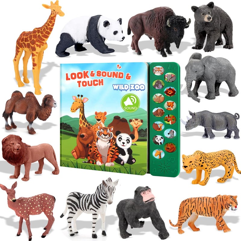 Tudoccy Safari Animals Figures Toys  13 Realistic Wild Plastic Animal Figurines  Kids Sound Book  Educational Learning Toys Gift for 3 Years Old  Up Boys Girls Toddlers - Image 2