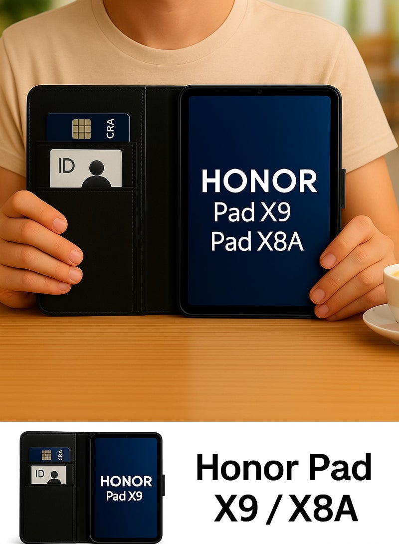 Premium Tablet Case for Honor Pad X9 / Honor Pad X8a – Full Protection Against Drops and Scratches with Card Holder and Practical Stand – Elegant Black Color - Image 1