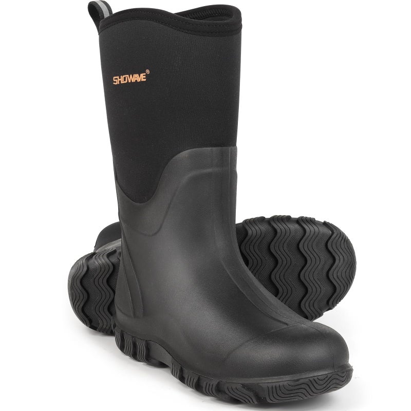 Showave Classic Men's Rubber Boots Waterproof Rain Boots Insulated Neoprene Boot Mud Boot for Farming Hunting Gardening Yard Chore Working, Size 10,Black - Image 1