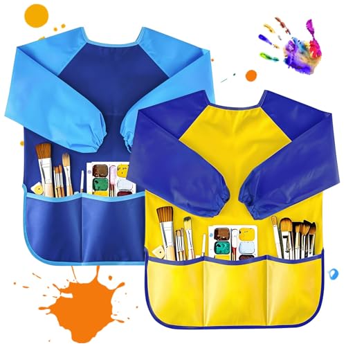 Tskcos Kids Toddlers Art Smock 2 Pack Waterproof Child Painting Apron with Long Sleeve Pockets Children Artist Smock for Kids Age 28 Painting Crafting Cooking - Image 1