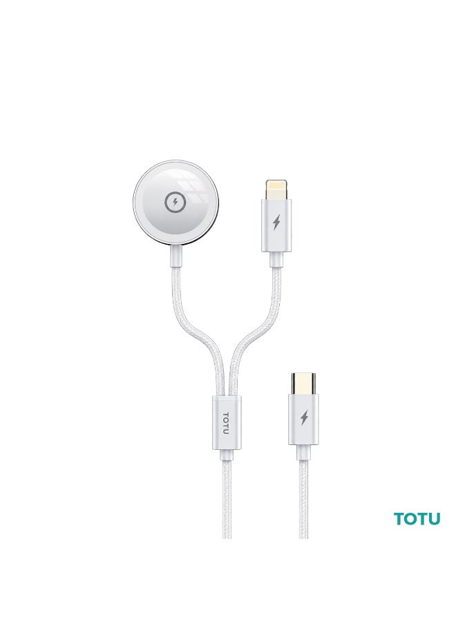 Totu 2-in-1 Magnetic Wireless Watch Charger & Lightning Cable, 2.5W Wireless Output, Zinc Alloy Braided Wire, White - Image 1