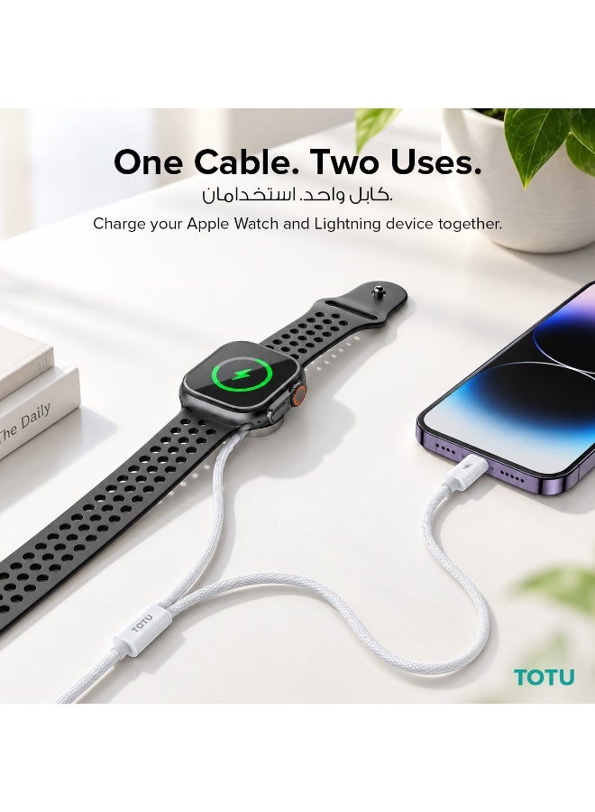 Totu 2-in-1 Magnetic Wireless Watch Charger & Lightning Cable, 2.5W Wireless Output, Zinc Alloy Braided Wire, White - Image 3