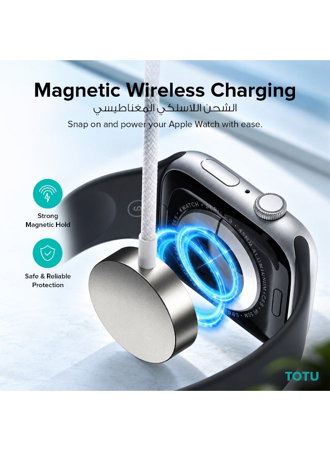Totu 2-in-1 Magnetic Wireless Watch Charger & Lightning Cable, 2.5W Wireless Output, Zinc Alloy Braided Wire, White - Image 4