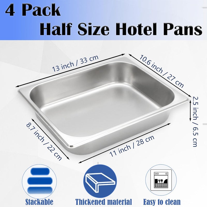 Nexboraque 4 Pcs Half Size Hotel Pan, 1/2 Size 2.5 Inch Deep Stainless Steel Steam Table Pan Half Pans for Chafing Dishes, Breading Trays for Hotel, Party, Buffet, Catering Supplies - Image 2