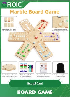 GROIC Marble Board Game, Ludo Board Game,Fast Track Game,Wooden Board Game for 4 and 6 Players, Portable Original Marble Game with 24 Marbles 12 Dice for Family Friends Party Game  - Image 4
