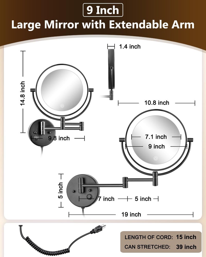 Alhakin 9" Wall Mounted Lighted Makeup Mirror, Large Double Sided 1X/10X Magnifying Mirror, 3 Color LED Vanity Mirror with Lights, Touch Dimmable 360° Swivel Light Up for Bathroom, Black - Image 2