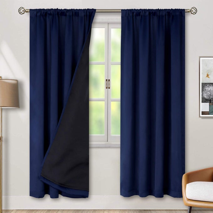 THERMAL INSULATED BLACKOUT CURTAINS FOR BEDROOM WITH BLACK LINER DOUBLE LAYER FULL ROOM DARKENING NOISE REDUCING ROD POCKET CURTAIN 52 X 84 INCH NAVY BLUE 2 PANELS