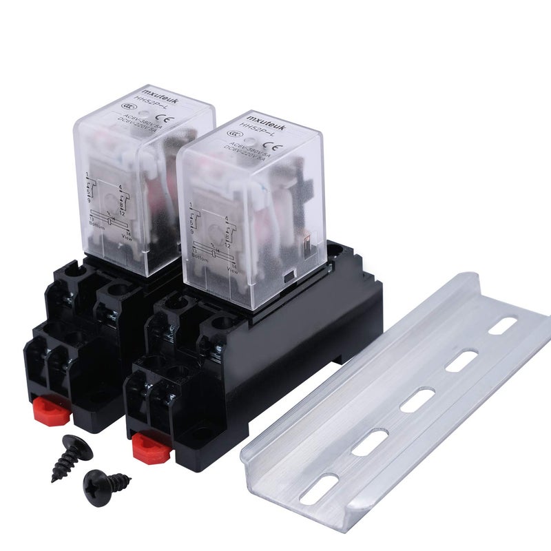 mxuteuk 2pcs HH52P DC 12V LED Indicator Electromagnetic Power Relay 8 Pin 5A Coil Relays DPDT with Socket Base,with DIN Slotted Aluminum Rail - Image 1