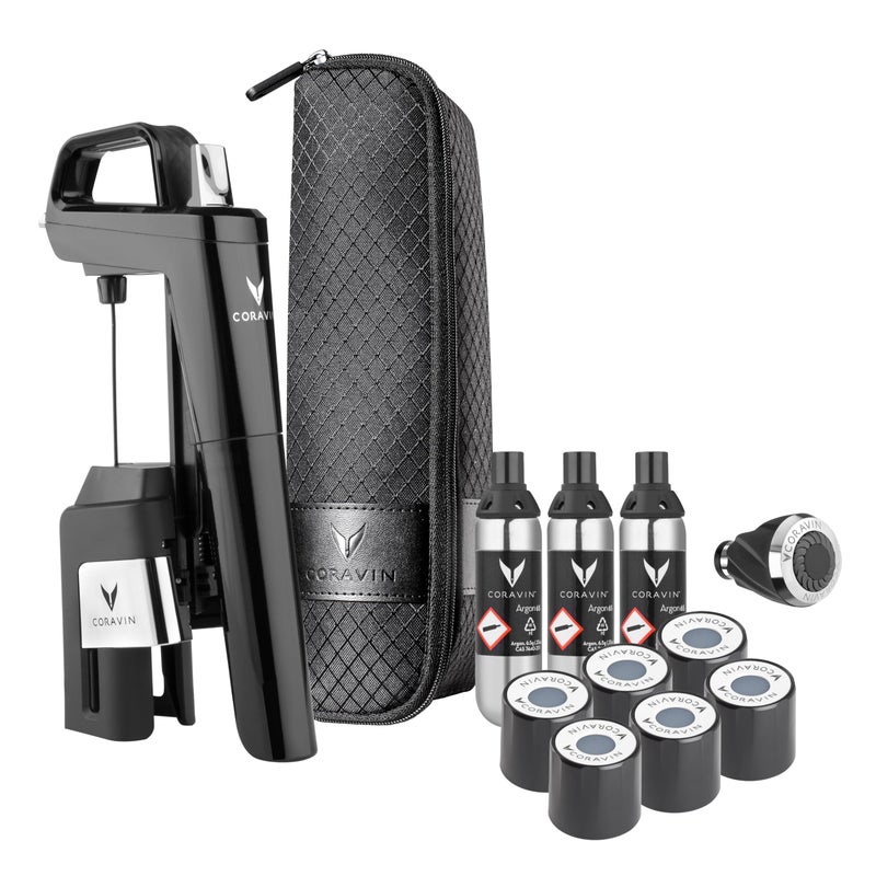 Coravin نظام حفظ النبيذ كورافين تيمليس ستة بلس - موفر النبيذ بالكوب - مع 3 كبسولات غاز الأرجون النقي، 6 أغطية لولبية ومهوّي النبيذ - أسود بيانو - Image 1