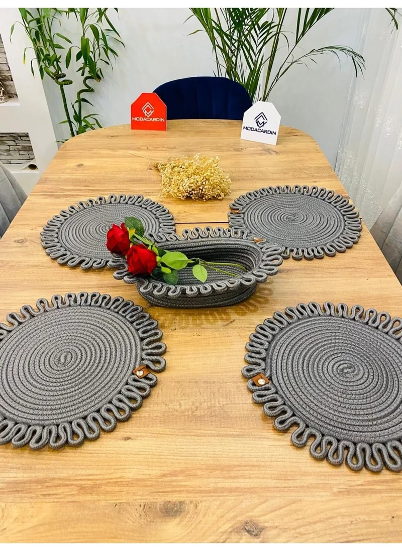 BDZ Deri BDZ Leather Jute Wicker American Service Plate and Basket 5 Pieces