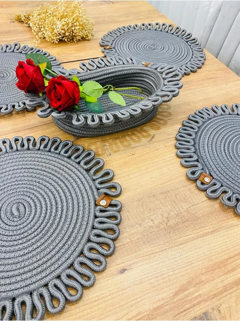 BDZ Deri BDZ Leather Jute Wicker American Service Plate and Basket 5 Pieces