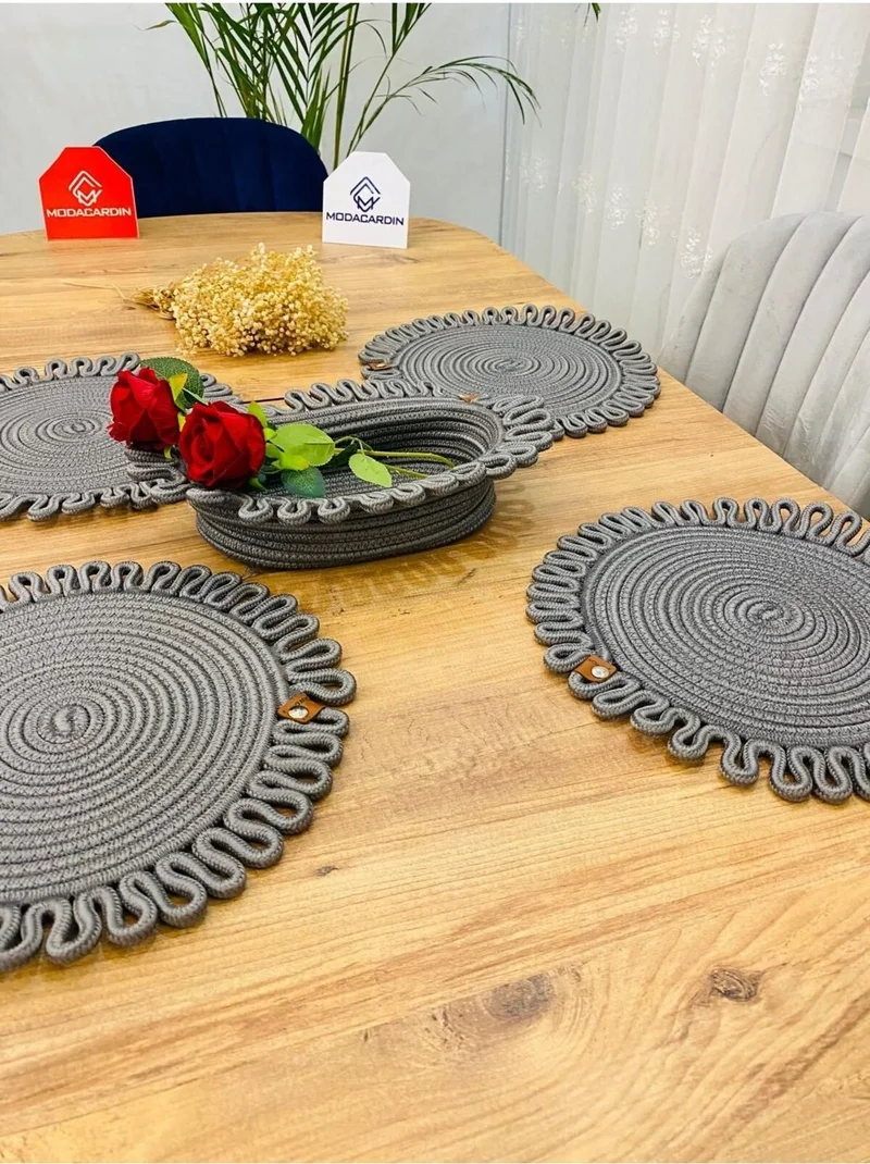 BDZ Deri BDZ Leather Jute Wicker American Service Plate and Basket 5 Pieces