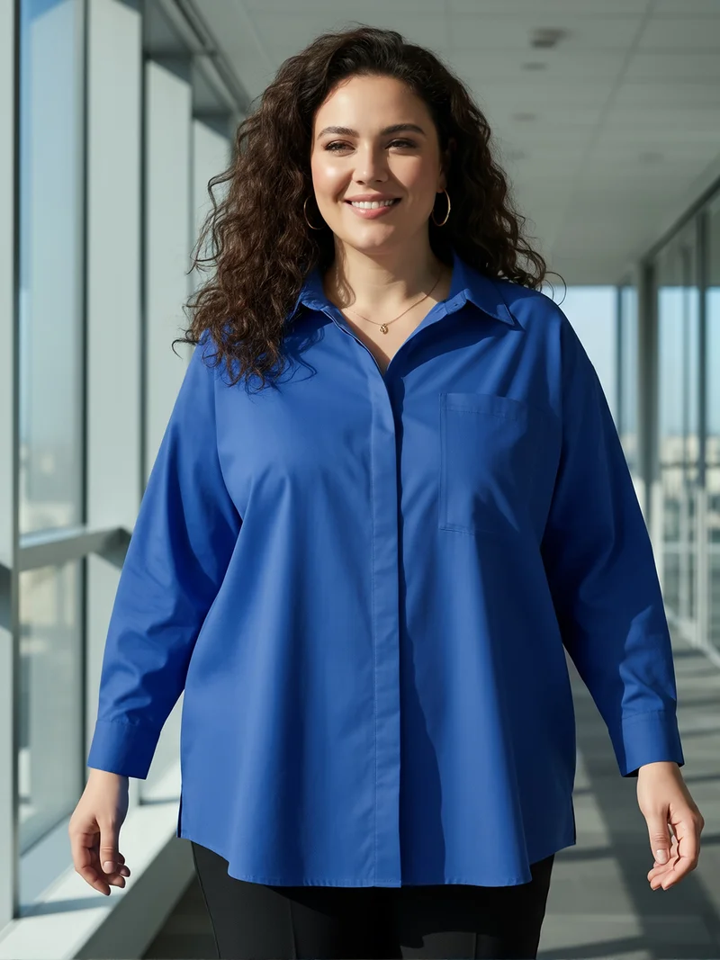 globus Globus Gloplus Women Blue Collared Neck Cuffed Sleeves Chest Pocket Solid Curved Hem Oversized Plus Size Workwear Shirt