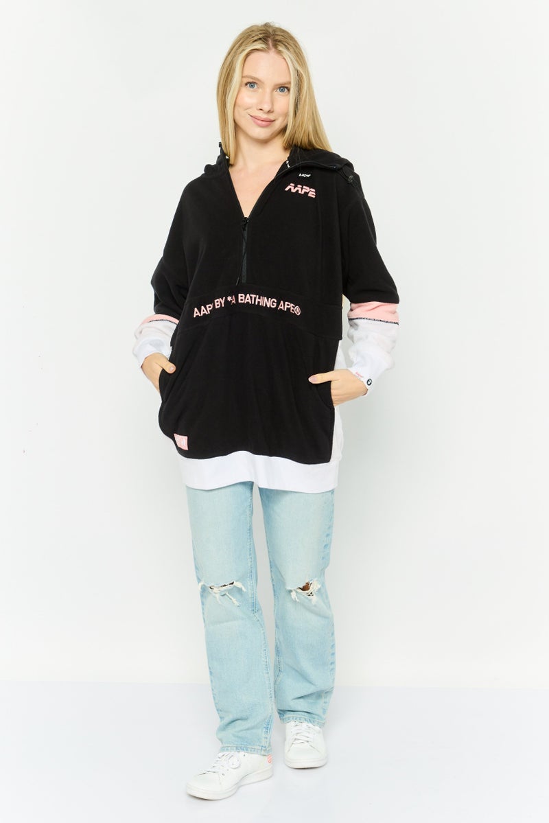 Aape By A Bathing Ape Women Hooded Embroidered Logo Long Sleeve Fleece Sweatshirt, Black Combo - Image 2