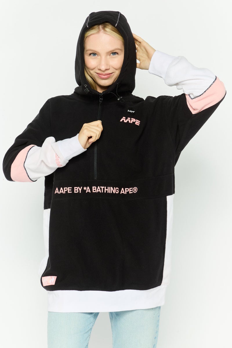 Aape By A Bathing Ape Women Hooded Embroidered Logo Long Sleeve Fleece Sweatshirt, Black Combo - Image 1