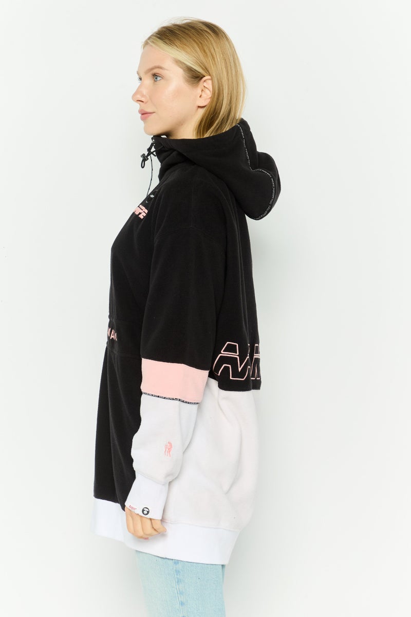 Aape By A Bathing Ape Women Hooded Embroidered Logo Long Sleeve Fleece Sweatshirt, Black Combo - Image 3