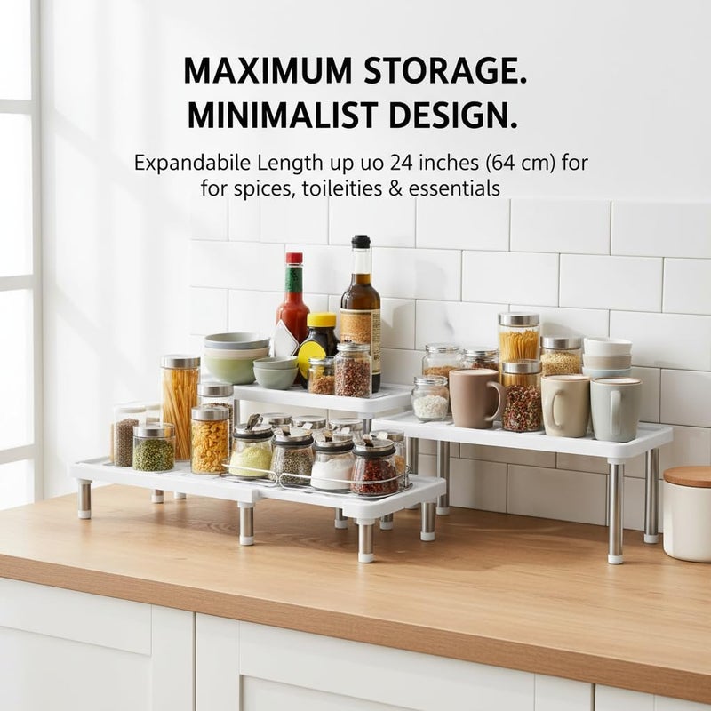 KASTWAVE Expandable Cabinet Shelf Organizer, 2Pcs Adjustable Stackable Kitchen Storage Rack for Pantry, Spice Rack, Bathroom, Under Sink, Countertop, Cupboard, Desk, Space Saving Organizer Stand - Image 2