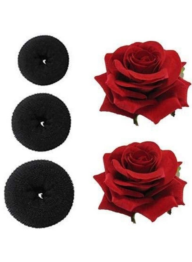 CHANDERKASH Pack of 5; Bun Maker Donut (3pcs) & Hair Clip Rose(2pcs) Bridal Combo|Puff Juda Bun Shaper |Messy Bun Scrunchie - Image 1