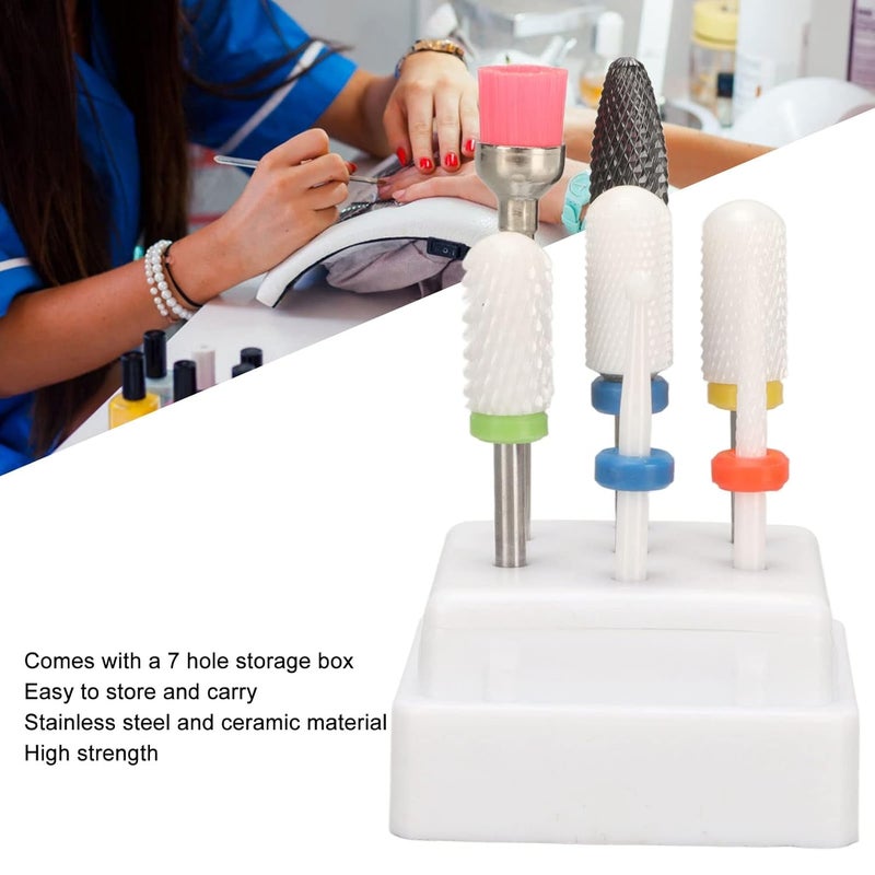 7pcs Ceramic Nail Drill Bit Set, Professional Cuticle Remover Bits with 7 - Hole Storage Box for Gel Polish Removal and Dead Skin Care, Compatible with Most Electric Nail - Image 5