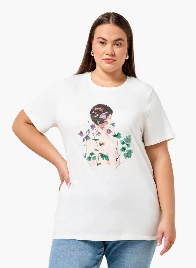  أولا بوبكن Ulla Popken Relaxed Fit Cotton T shirt with Print