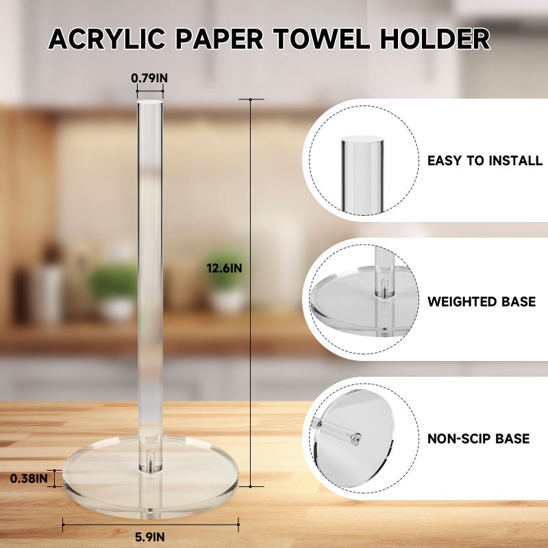 WORHE Paper Towel Holder Countertop Clear Acrylic 5.9" Diameter Thickening Sturdy Base,for Kitchen Bathroom, Paper Towel Dispenser for Tear Tissue Roll 1 Pack (YGC001) - Image 3