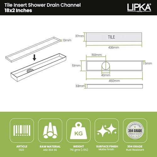 LIPKA Rectangular Tile Insert Shower Drain Channel | 18 x 2 Inches | Waste Water Floor Drain for 13mm Tile | 304 Stainless Steel | Invisible Bathroom Shower Drainer Channel Trap Jali with Side Hole - Image 2