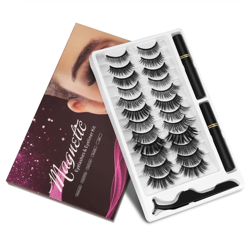 Magnetic Eyelashes and Eyeliner Kit 12 Pairs Reusable Magnetic Lashes with Eyeliner and Tweezers 3D Natural Look False Eyelashes Easy to Wear No Glue Needed 12pcs