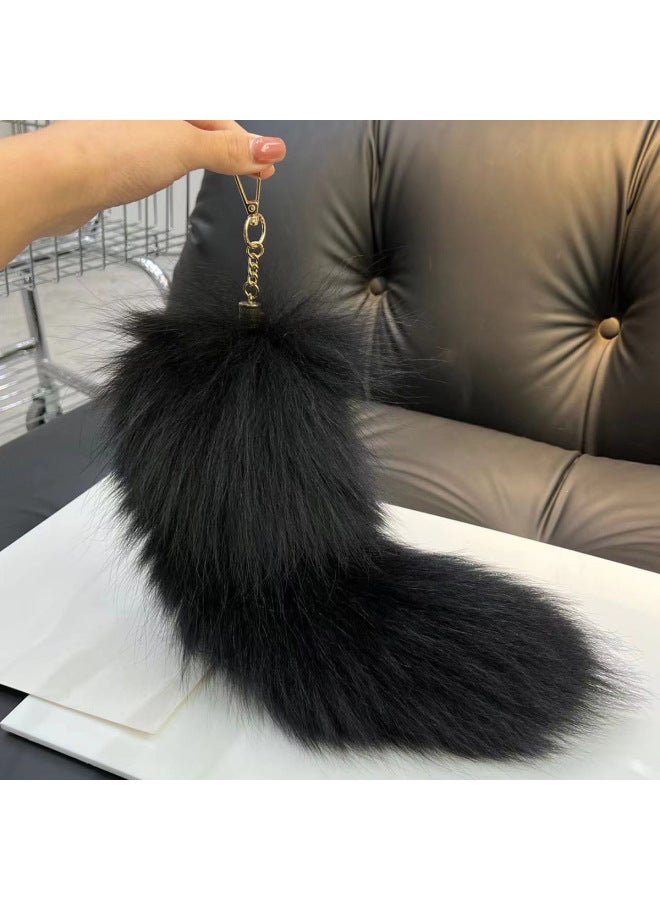 South Korea Cute Real Fox Fur Big Tail Car Keychain Pendant Personalized Simple Plush Bag Ornaments-Color:Black  - Image 1
