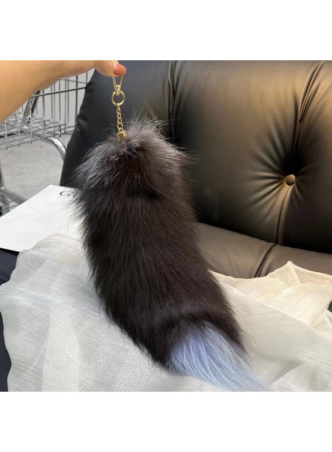 South Korea Cute Real Fox Fur Big Tail Car Keychain Pendant Personalized Simple Plush Bag Ornaments-Color:Black  - Image 4