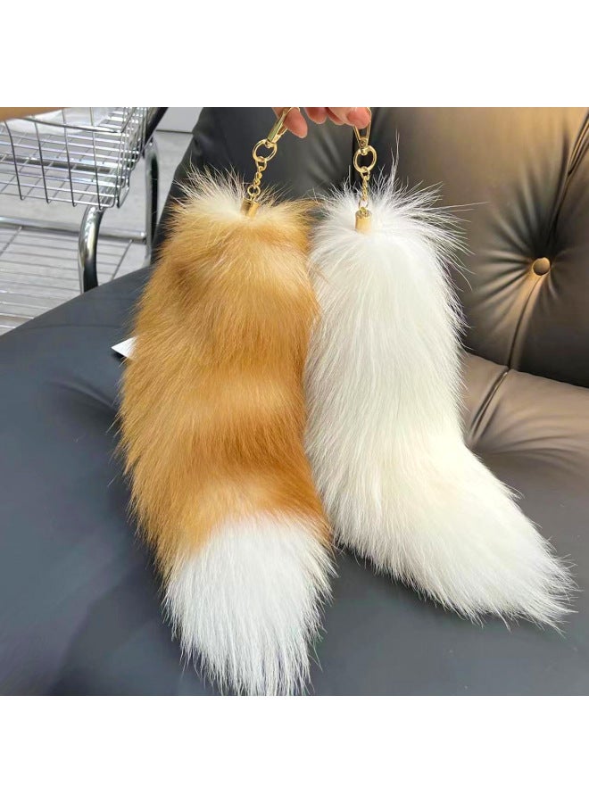 South Korea Cute Real Fox Fur Big Tail Car Keychain Pendant Personalized Simple Plush Bag Ornaments-Color:Black  - Image 2