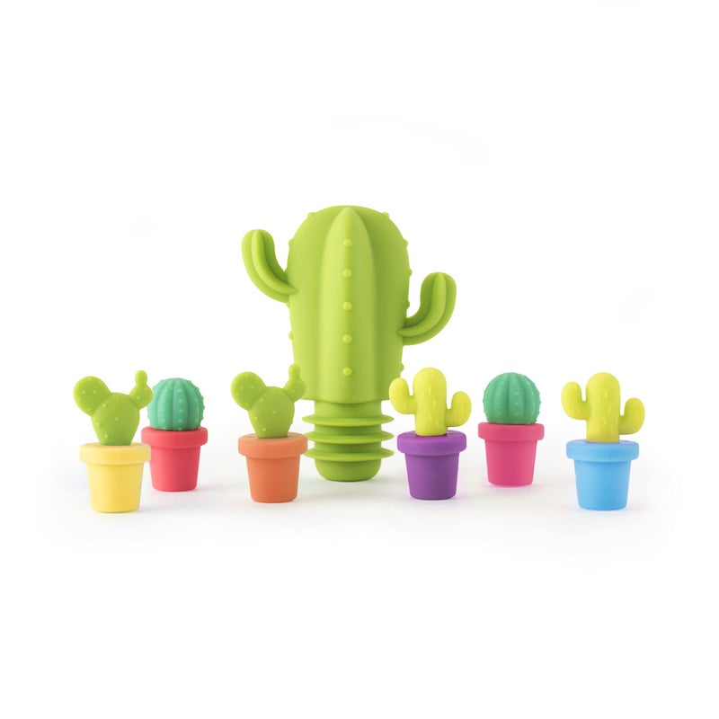 TrueZoo Silicone Drink Charms Identifier for Drinks Birthday Wedding Bachelor Bachelorette Party Picnic Outdoor Home Bar Set of 7 Cactus