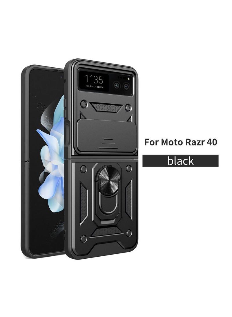 Motorola Razr 40 5G Mobile Phone Case Cover, Slide Camera Lens Cover + 360°Rotating Kickstand Ring + Bumper Shockproof Phone Case - Image 1