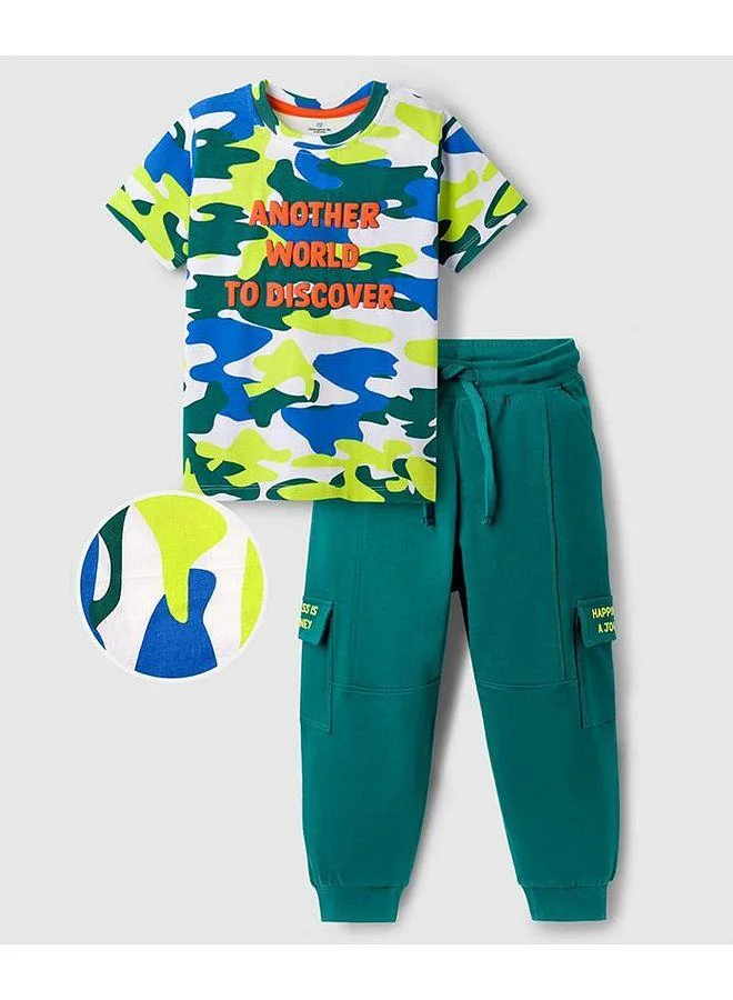 Ollington St. Ollington St. Cotton Knit Half Sleeves Text Printed T-Shirt &  Joggers Set - White & Sea Green