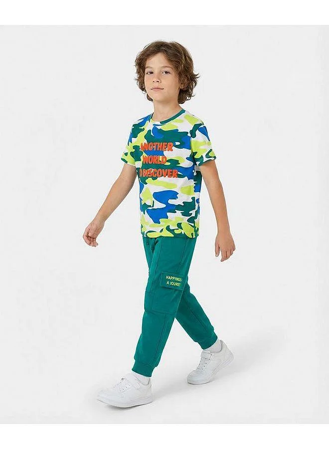 Ollington St. Ollington St. Cotton Knit Half Sleeves Text Printed T-Shirt &  Joggers Set - White & Sea Green
