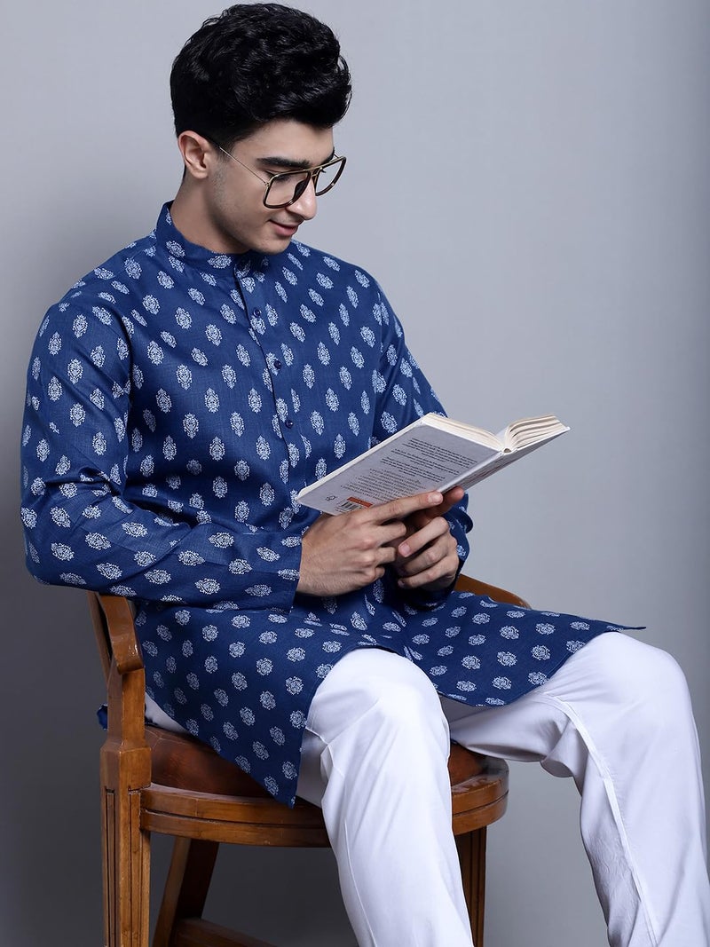 Jompers Men's Cotton Floral printed Kurta Pyjama Set (Navy, L) - Image 4