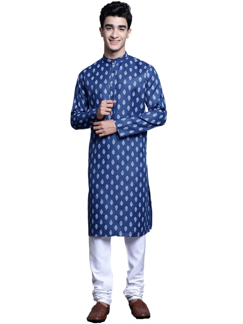 Jompers Men's Cotton Floral printed Kurta Pyjama Set (Navy, L) - Image 1