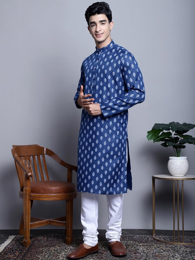 Jompers Men's Cotton Floral printed Kurta Pyjama Set (Navy, L) - Image 3