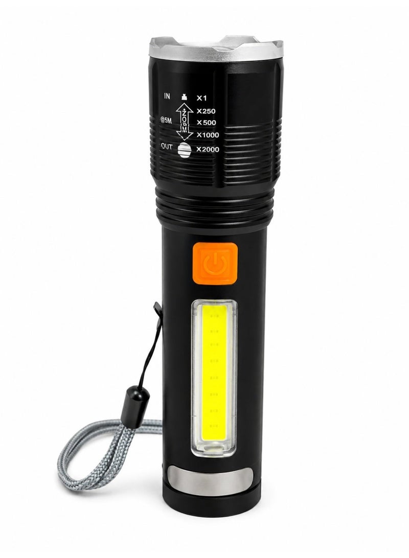BX-P12 Rechargeable LED Flashlight – High-Brightness P50 LED & COB Side Light, Telescopic Zoom Focus, Up to 500m Beam Distance, USB Type-C Fast Charging, 1200mAh Rechargeable Battery, Red Warning Light, 4 Lighting Modes, Durable Aluminum Alloy Body with Pocket Clip & Lanyard, Ideal for Outdoor, Emergency, Camping & Everyday Use – Black - Image 1