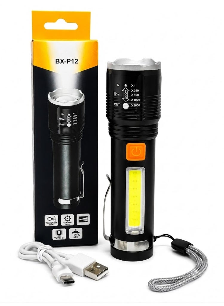 BX-P12 Rechargeable LED Flashlight – High-Brightness P50 LED & COB Side Light, Telescopic Zoom Focus, Up to 500m Beam Distance, USB Type-C Fast Charging, 1200mAh Rechargeable Battery, Red Warning Light, 4 Lighting Modes, Durable Aluminum Alloy Body with Pocket Clip & Lanyard, Ideal for Outdoor, Emergency, Camping & Everyday Use – Black - Image 2