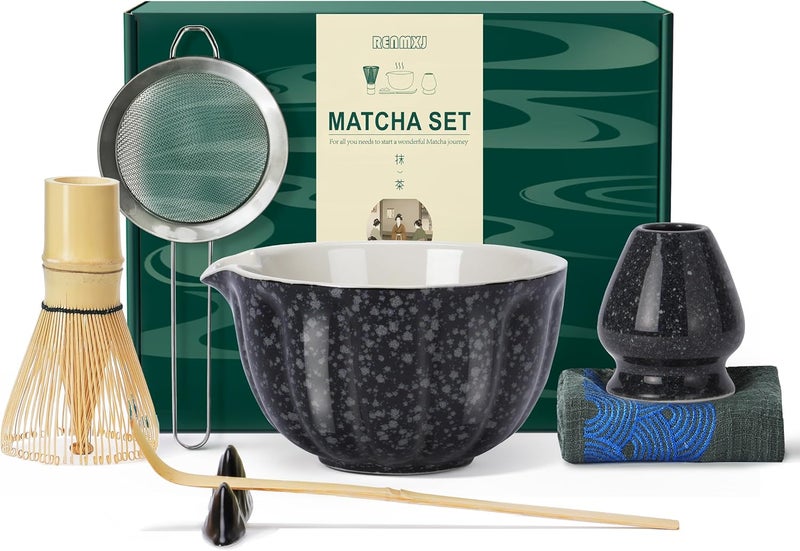 Renmxj Matcha Whisk Set,7 PCS Ceramic Matcha Kit Includes Matcha Bowl with Spout, Matcha Whisk and Holder, Bamboo Scoop, Stainless Sifter, Tea Towel, Unique Gift for Matcha Lovers (Charcoal gray) - Image 1