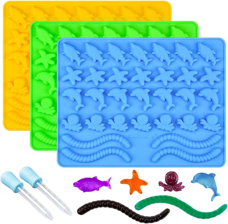 CAKETIME Gummy Molds Hard Candy Molds - Candy Molds Silicone Including Worms, Starfishs, Dolphins, Octopus, Sharks Sea Mold, Pinch Test Approved Pack of 3 Ocean Molds - Image 1