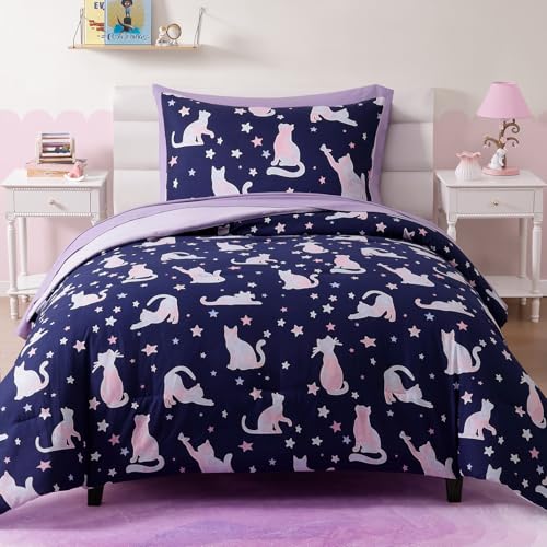 Kaleido Space Twin Comforter Set for Girls, Kids - 5 Pieces Cute Cat Patterns Twin Bedding Sets for Girls Boys Teen, Soft Cozy Bed in A Bag with Sheets - Image 1
