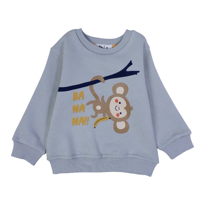 Jello Boys Cotton Sweatshirt – Grey with a Monkey Print - Image 1