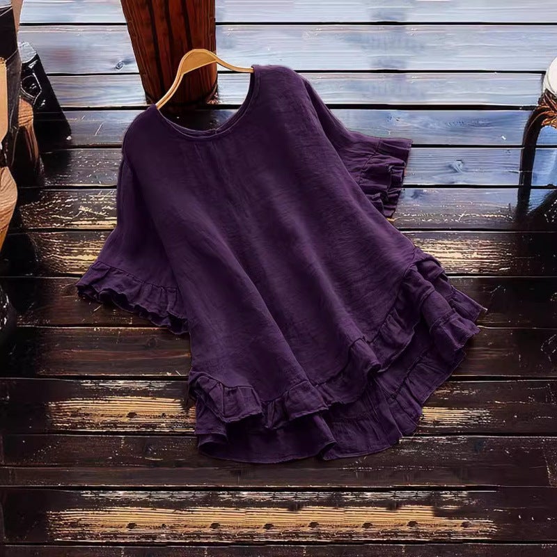 بلوزة نسائية بقصة فضفاضة وياقة دائرية وأكمام قصيرة مع كشكش - Image 4