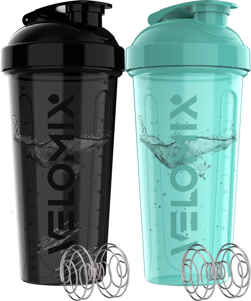 VELOMIX -2 Pack- 28 oz Protein Shaker Bottles for Protein Mixes - 2x Wire Whisk | Leak Proof Shaker Cups for Protein Shakes and Pre Workout | Protein Shaker Bottle Pack (B4) Black/Turquoise - Image 1