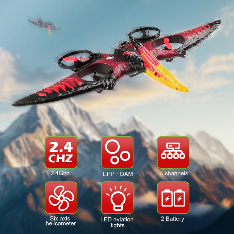 jaming Dinosaur Remote Control Drone 24G EPP Foam RC Pterodactyl Hobby RC Airplanes with 6Axis Gyro One Key Takeoff Landing Stunt Roll 360 Flip Fighter Jet Toy Christmas Birthday Gift for Boys Girls - Image 2