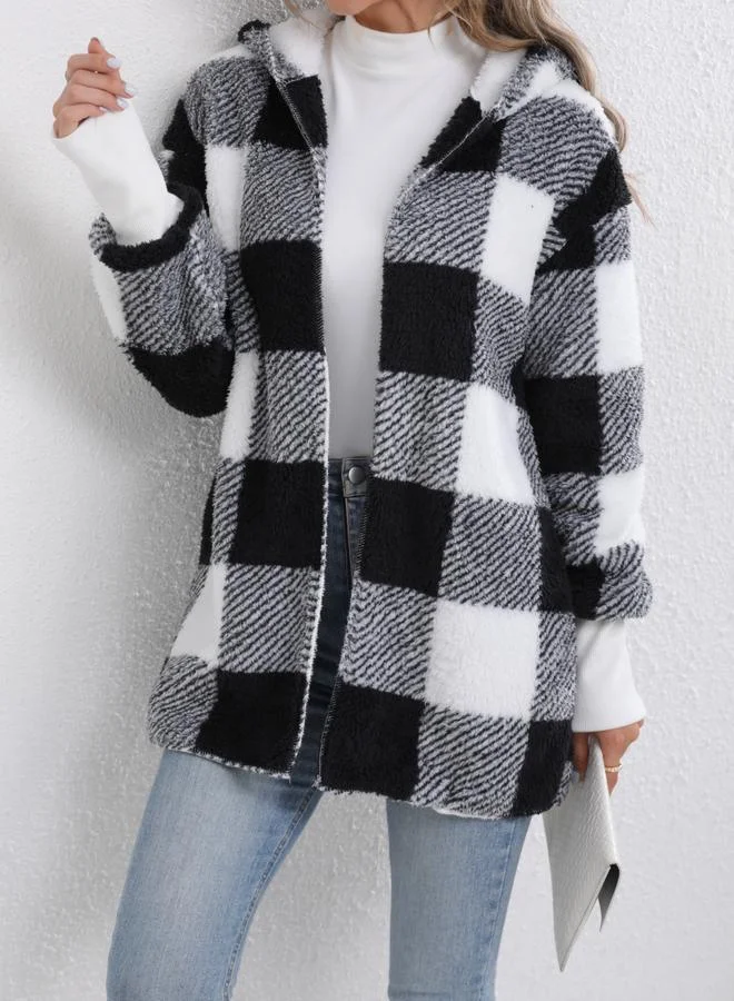 Take Two Take Two Checked Long Sleeve Zip Up Hooded Coat