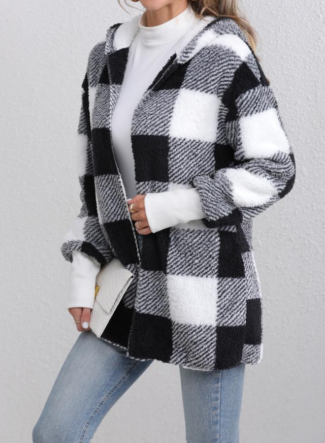 Take Two Checked Long Sleeve Zip Up Hooded Coat - Image 3