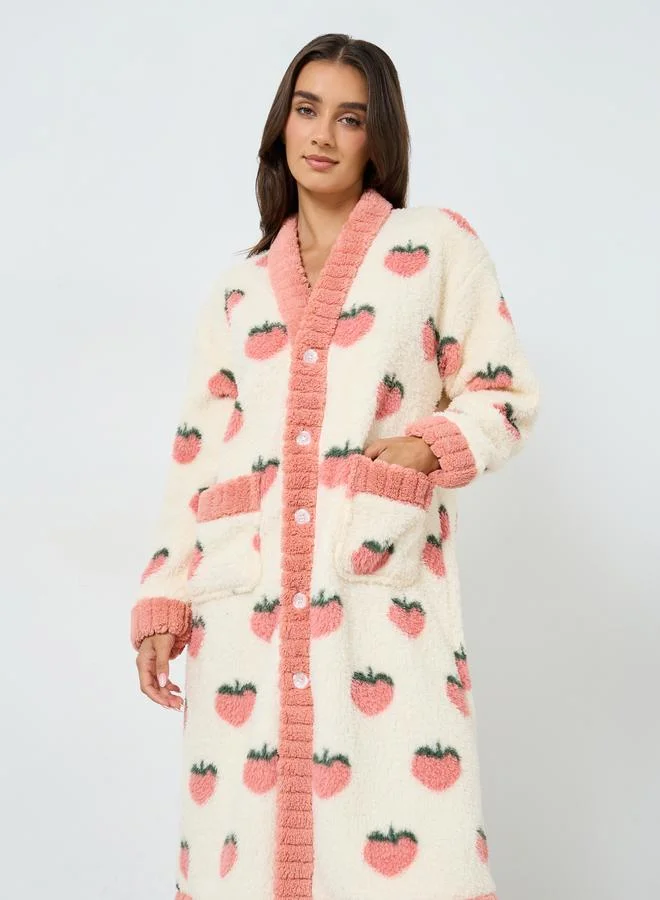 تايك تو روب بأزرار أمامية مع طبعة جرافيك فراولة