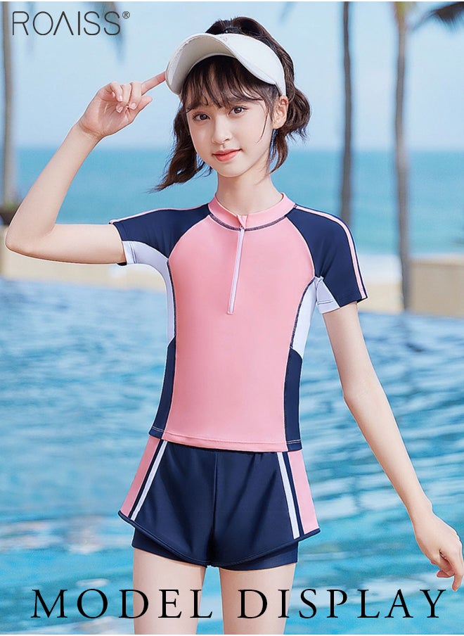roaiss 2-Piece Patchwork Contrasting Swimsuit Girl Beach Pool Short-Sleeved T-Shirt And Drawstring Shorts Set Swimsuit  - Image 2